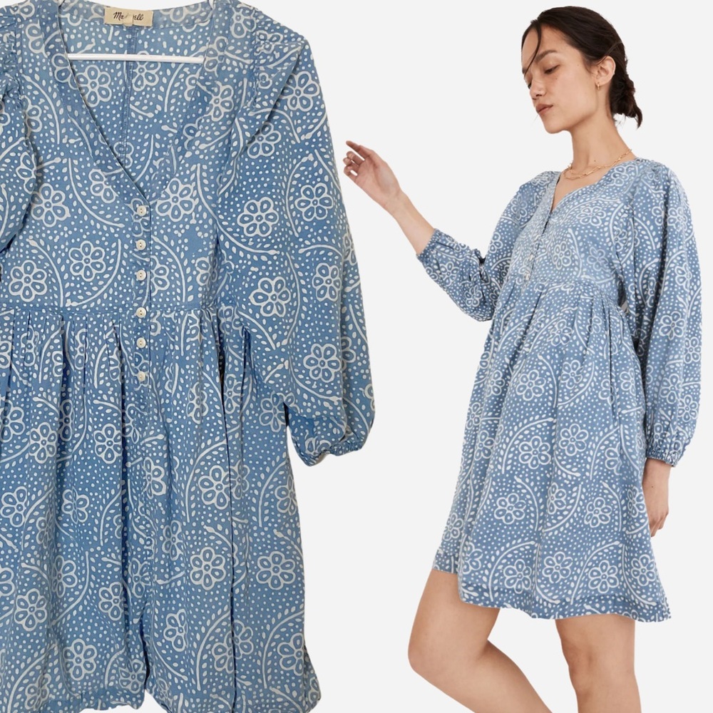 Madewell Blue and White Long Sleeve Printed Mini Dress